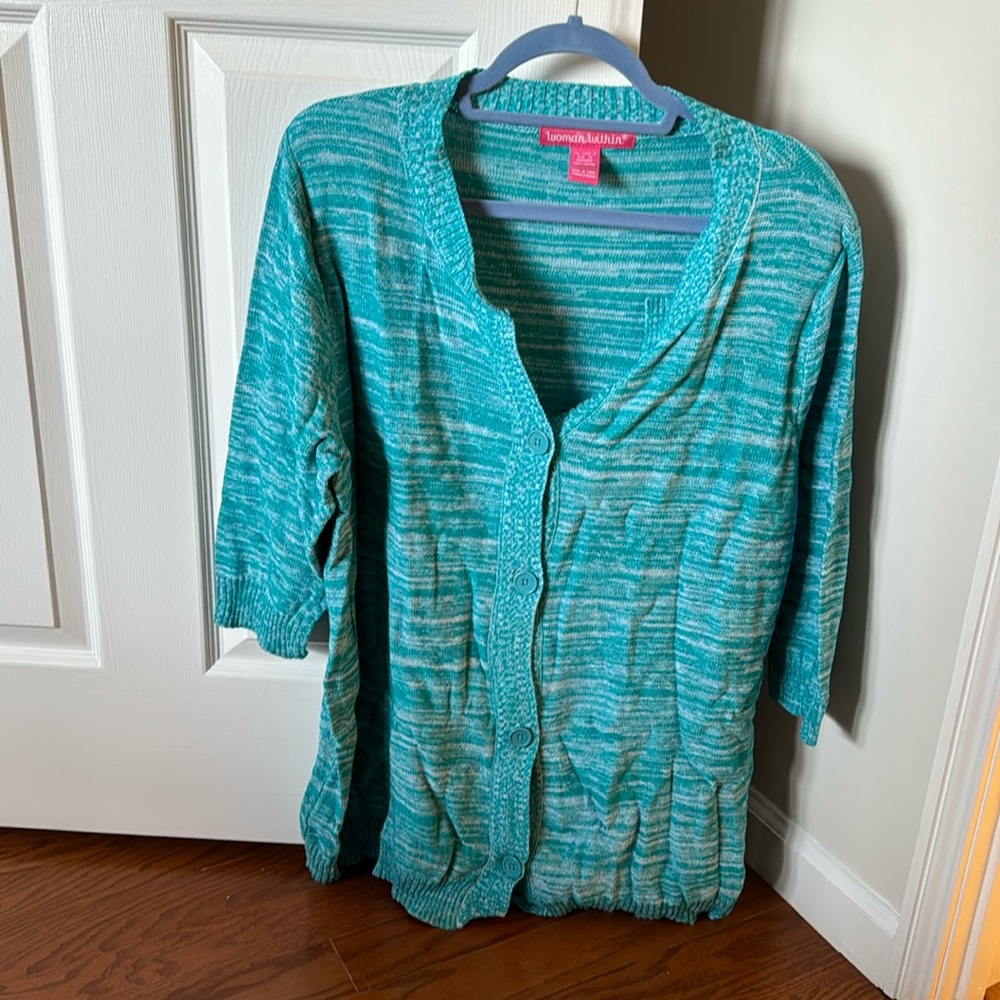 Blue woman within sweater/cardigan